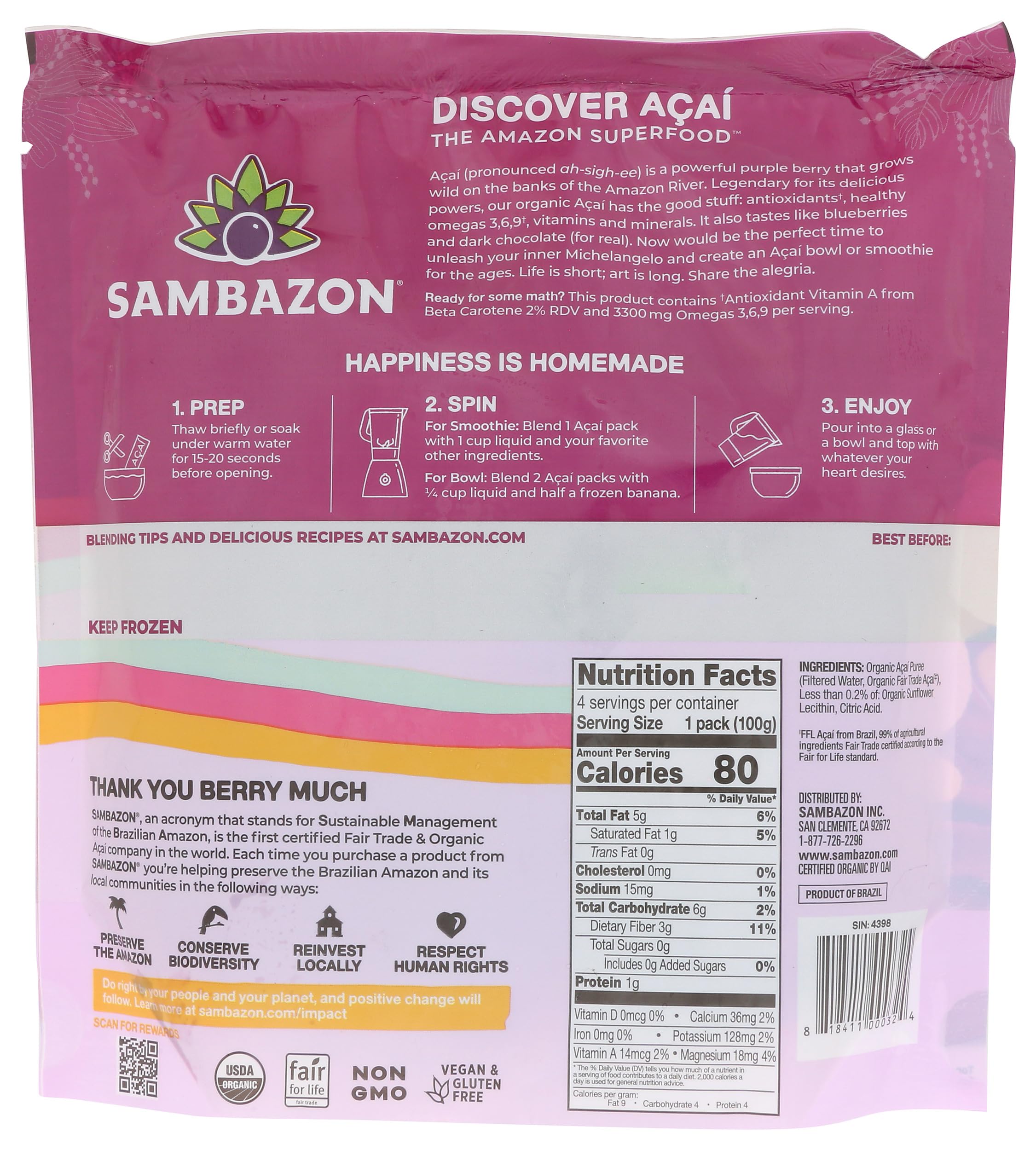 Sambazon Organic Unsweetened Acai Superfruit Packs, 14.1 OZ